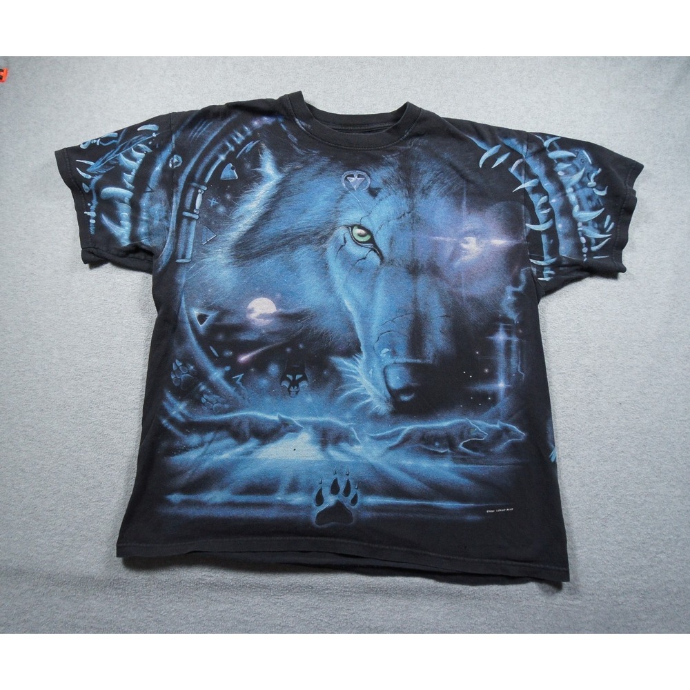 Vintage Liquid Blue Shirt Mens XLarge Black Wolf AOP All Over Print Tee 2001 Y2K